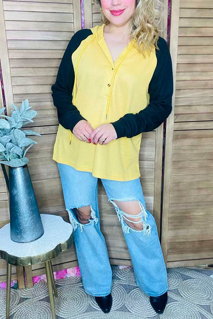 Knitted waffle yellow & black raglan long sleeve hoodie women top BQ15467