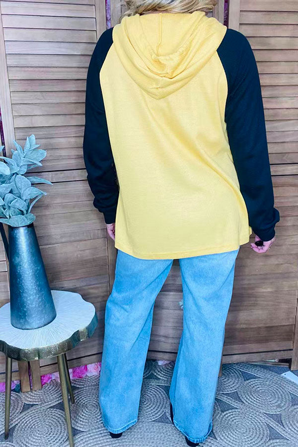 Knitted waffle yellow & black raglan long sleeve hoodie women top BQ15467
