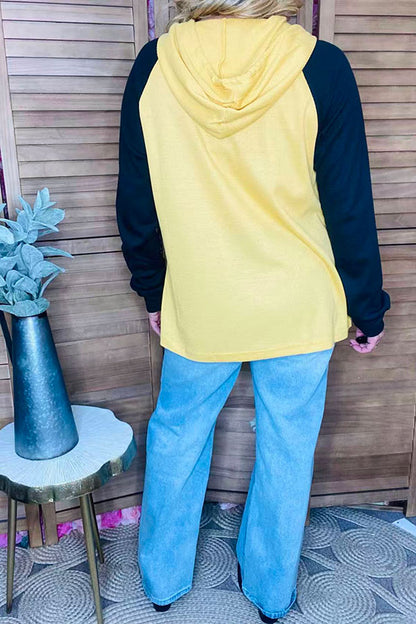 Knitted waffle yellow & black raglan long sleeve hoodie women top BQ15467