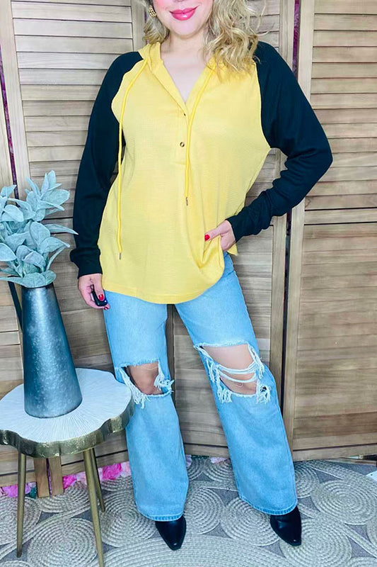 Knitted waffle yellow & black raglan long sleeve hoodie women top BQ15467