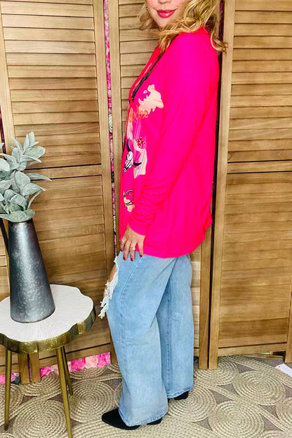 Cactus & bull skull western printed fuchsia long sleeves women tops XCH14126