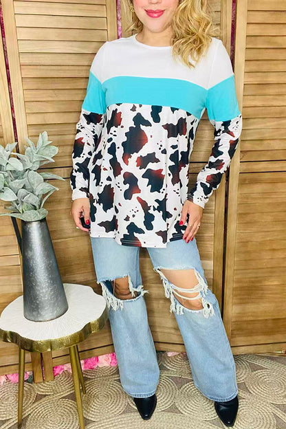 Western white & turquoise & cow printed long sleeve women top XCH13893
