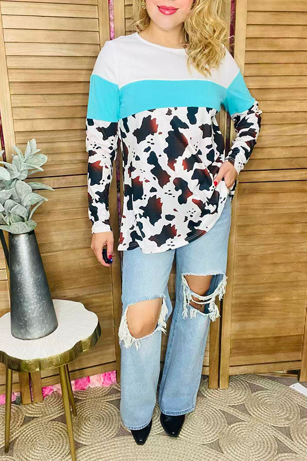 Western white & turquoise & cow printed long sleeve women top XCH13893