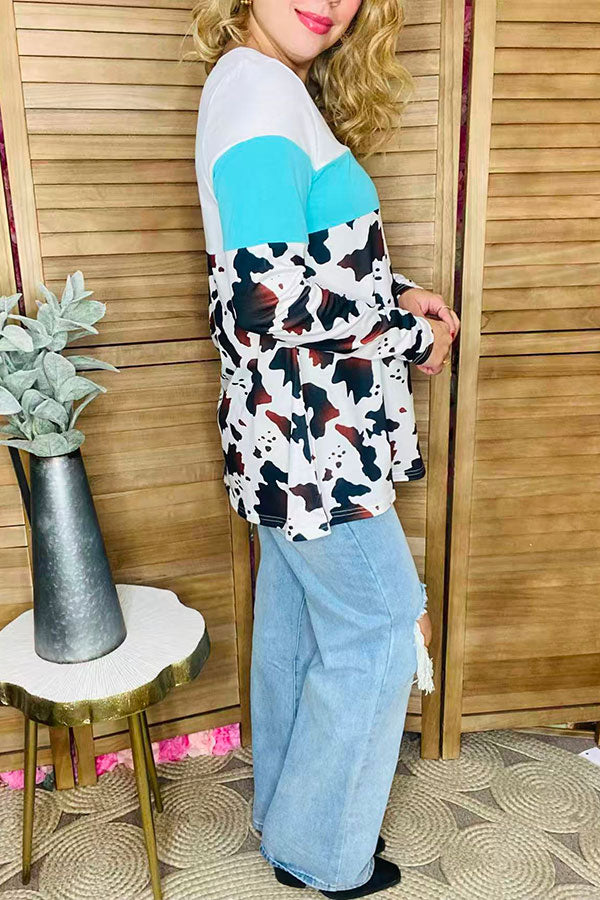 Western white & turquoise & cow printed long sleeve women top XCH13893