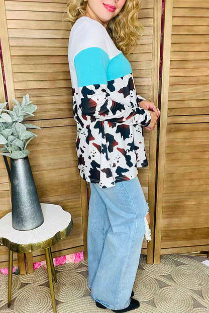 Western white & turquoise & cow printed long sleeve women top XCH13893