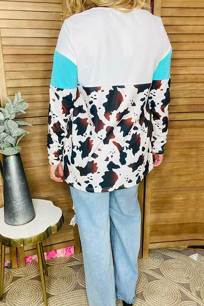 Western white & turquoise & cow printed long sleeve women top XCH13893