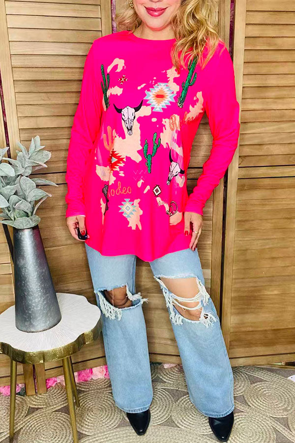 Cactus & bull skull western printed fuchsia long sleeves women tops XCH14126