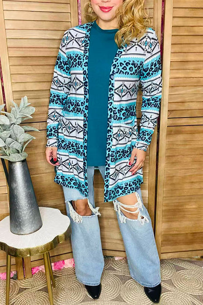Western aztec & leopard printed long sleeve women cardigan XCH15895 IS10