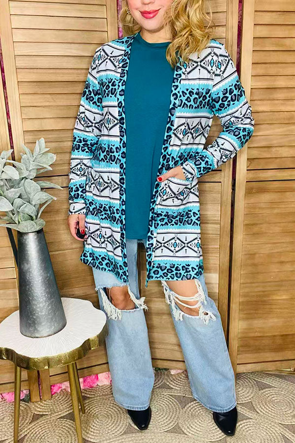 Western aztec & leopard printed long sleeve women cardigan XCH15895 IS10