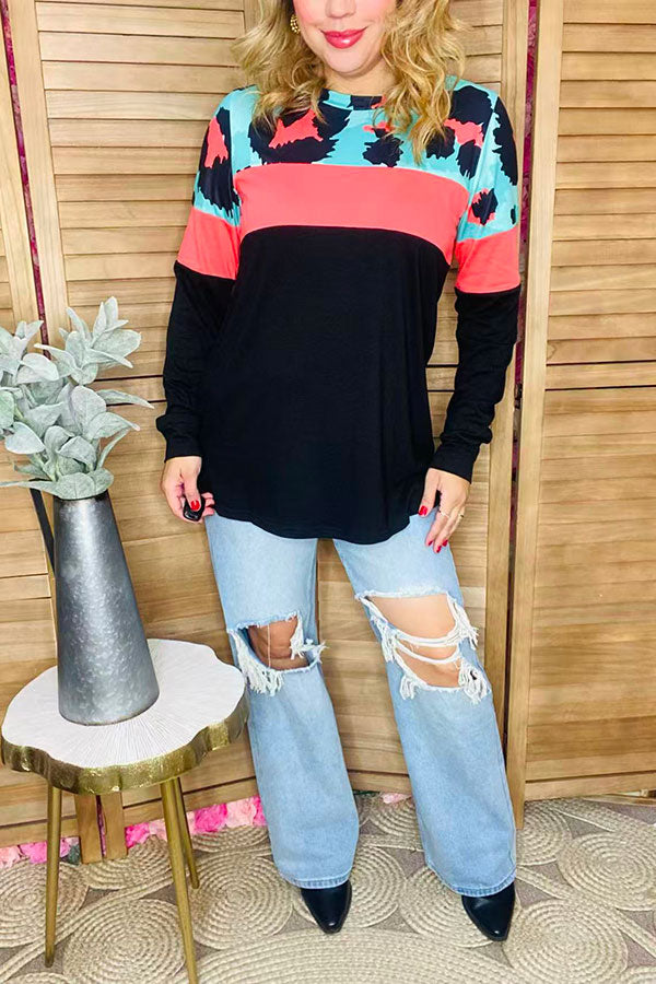 Leopard & coral & black color block long sleeve women blouse BQ13870
