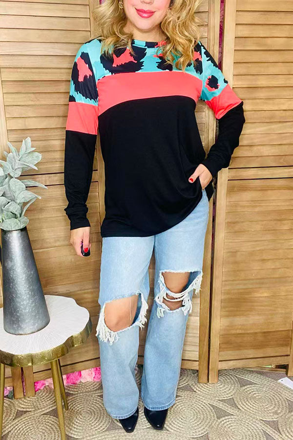 Leopard & coral & black color block long sleeve women blouse BQ13870