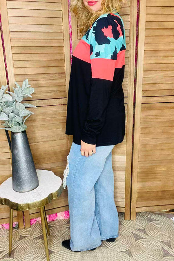 Leopard & coral & black color block long sleeve women blouse BQ13870