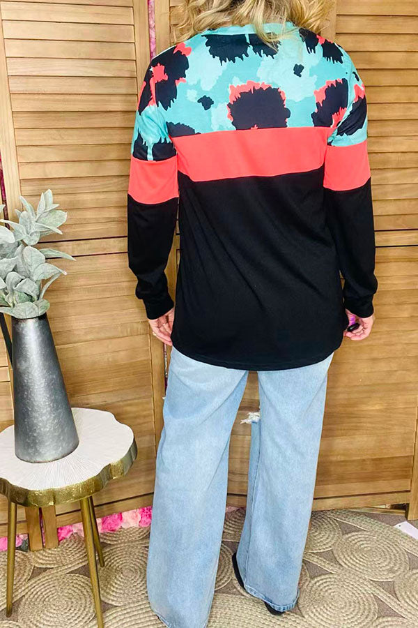Leopard & coral & black color block long sleeve women blouse BQ13870