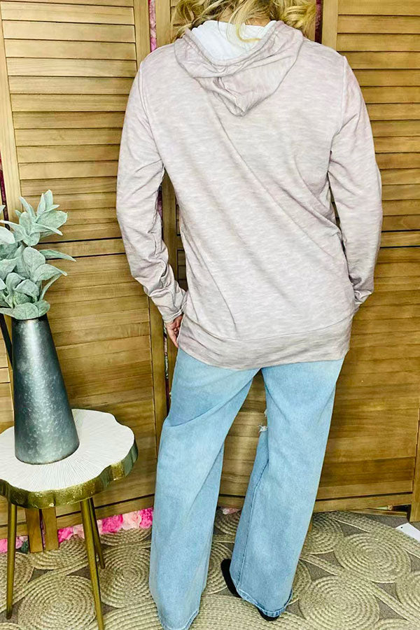 Gray hoodie w/string & leopard printed front pocket long sleeve women tops DLH15630