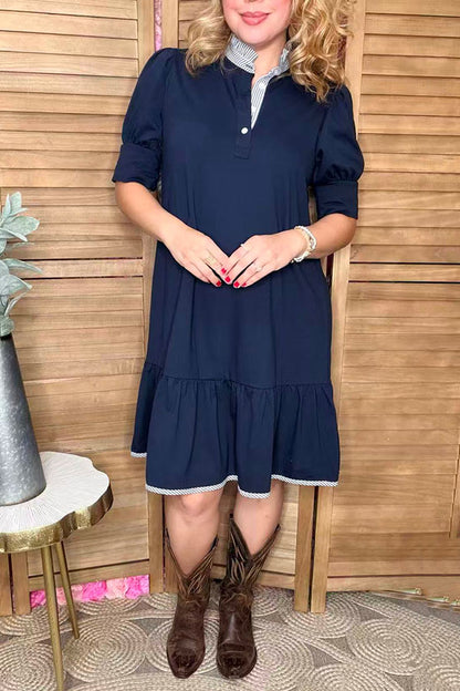 Navy blue short sleeve ruffle hem women dress w/striped XCH16533