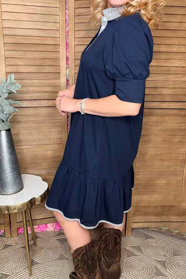 Navy blue short sleeve ruffle hem women dress w/striped XCH16533