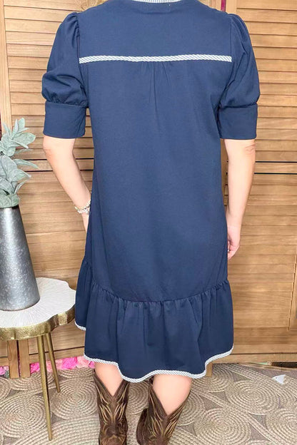 Navy blue short sleeve ruffle hem women dress w/striped XCH16533