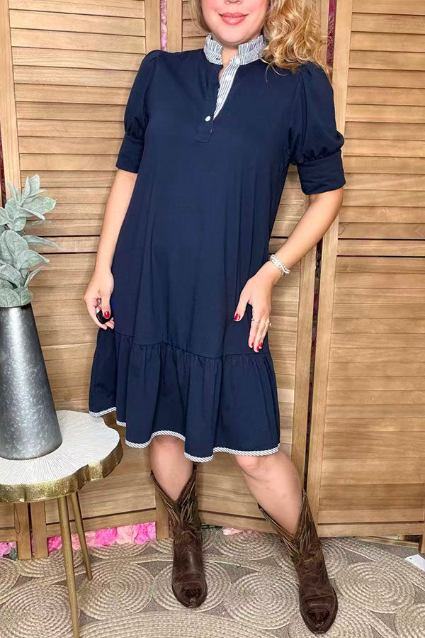 Navy blue short sleeve ruffle hem women dress w/striped XCH16533