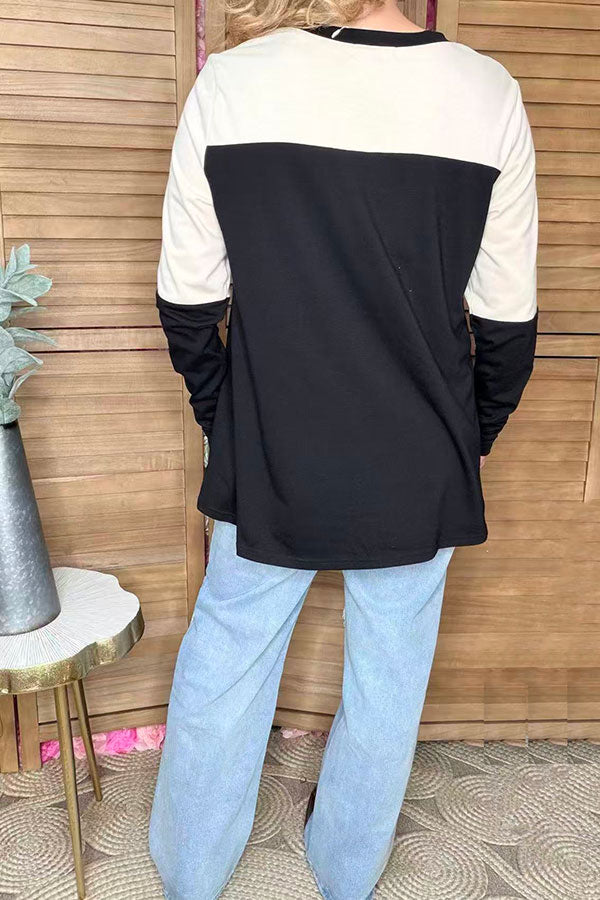 Black & beige & cow printed color block long sleeve women top XCH14263