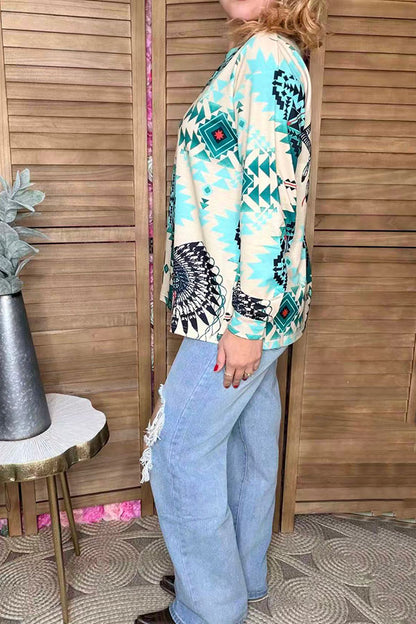Western aztec printed beige long sleeve women top XCH16649