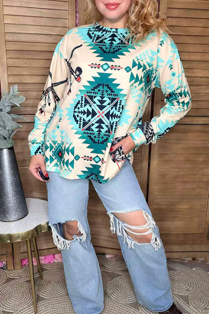 Western aztec printed beige long sleeve women top XCH16649