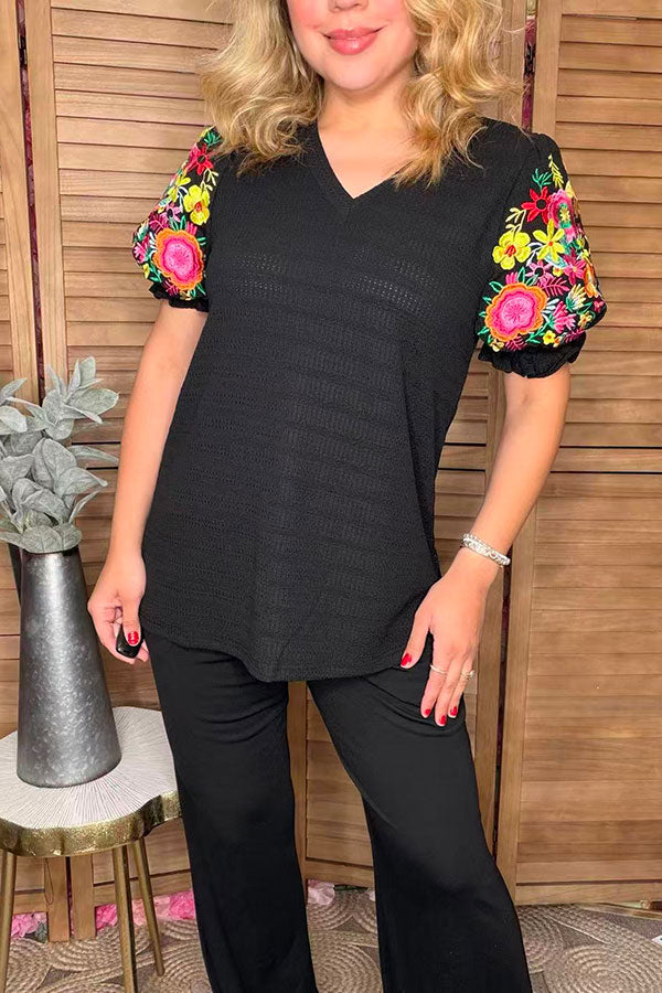 Floral embroidery black knitted puff short sleeve women top XCH16351