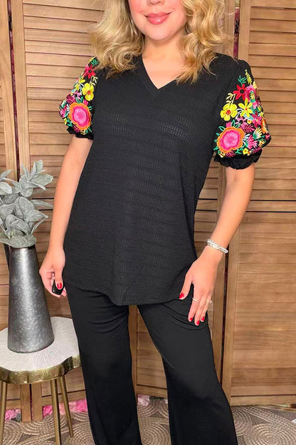 Floral embroidery black knitted puff short sleeve women top XCH16351