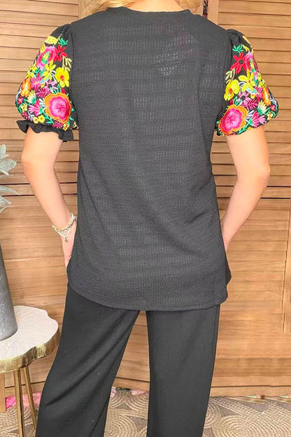 Floral embroidery black knitted puff short sleeve women top XCH16351