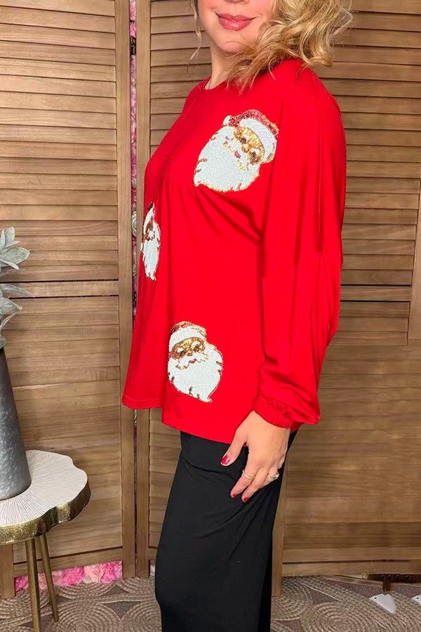Sequin santa claus patch red women sweatshirts pullover tops XCH16546