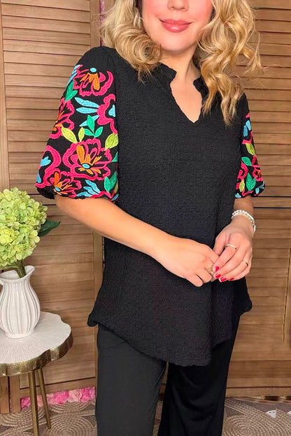 Floral embroidery lantern sleeves black knitted women blouse XCH16540