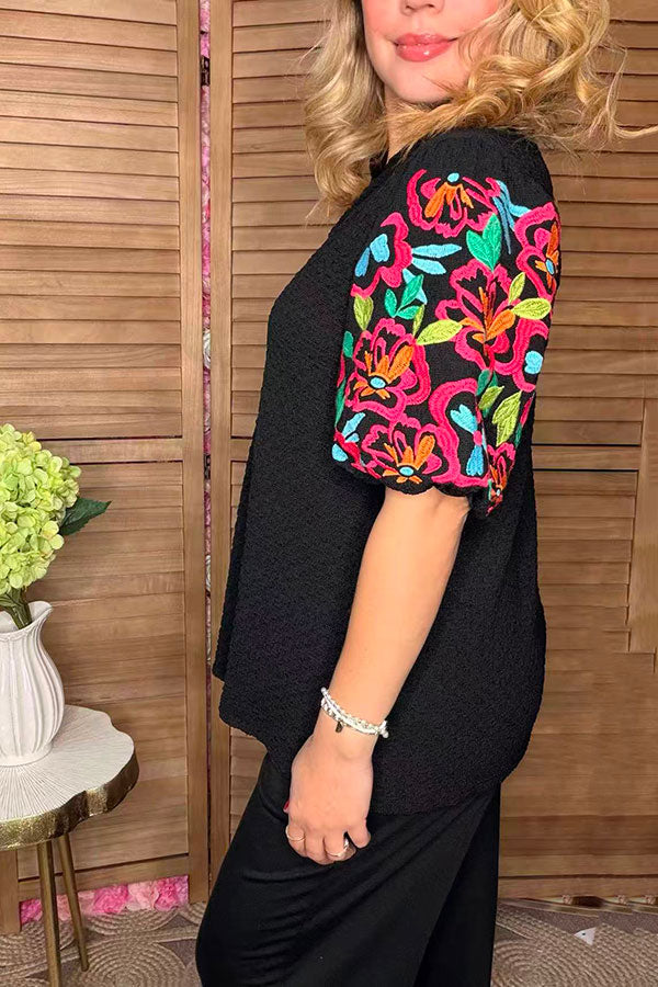 Floral embroidery lantern sleeves black knitted women blouse XCH16540