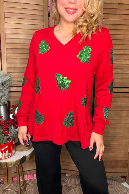 Green christmas tree sequin patch red knitted fabric long sleeve women top XCH16598