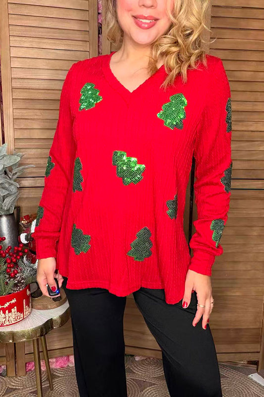 Green christmas tree sequin patch red knitted fabric long sleeve women top XCH16598