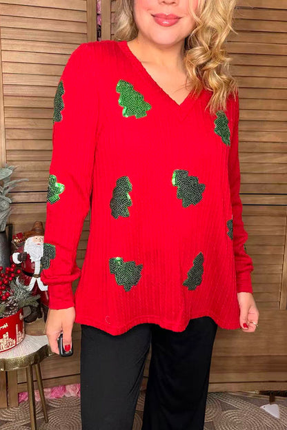 Green christmas tree sequin patch red knitted fabric long sleeve women top XCH16598