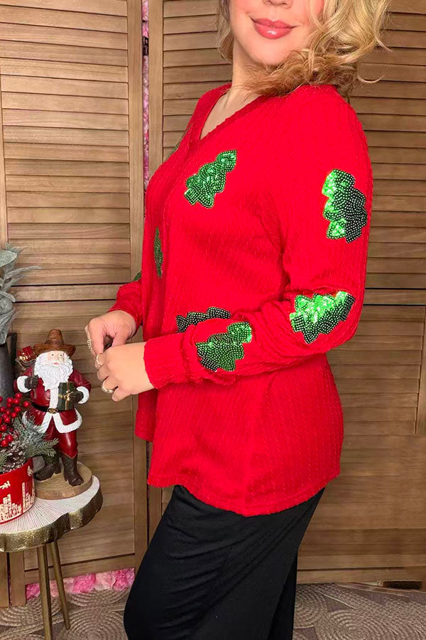Green christmas tree sequin patch red knitted fabric long sleeve women top XCH16598