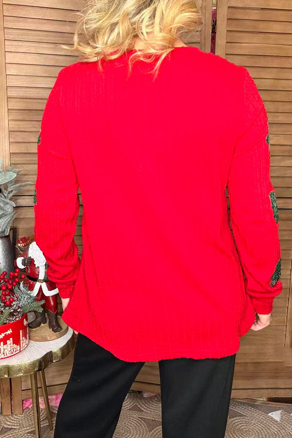 Green christmas tree sequin patch red knitted fabric long sleeve women top XCH16598