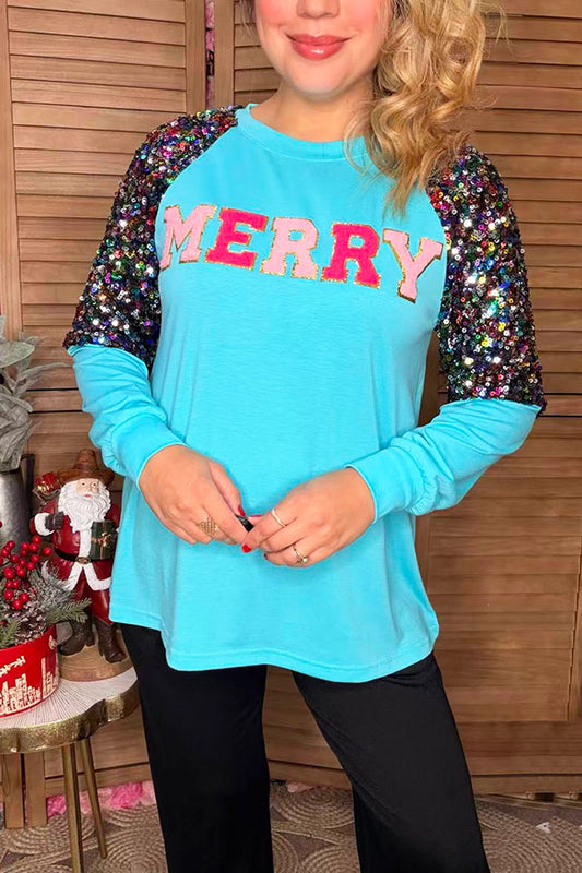 MERRY embroidery turquoise & sequin long sleeve women blouse XCH16654