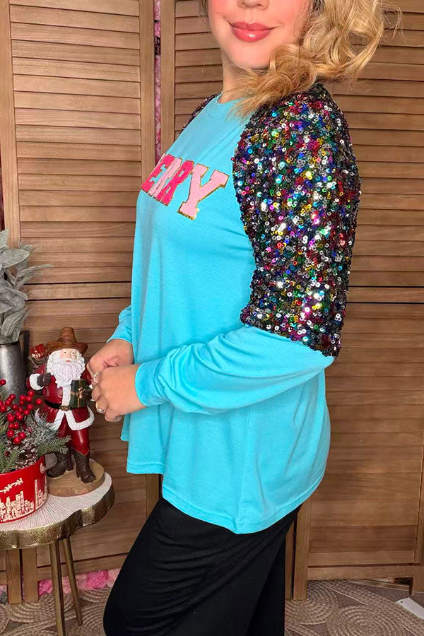 MERRY embroidery turquoise & sequin long sleeve women blouse XCH16654