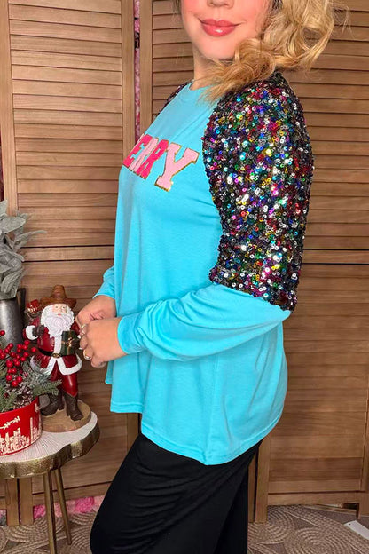 MERRY embroidery turquoise & sequin long sleeve women blouse XCH16654