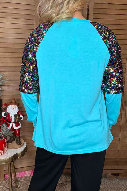MERRY embroidery turquoise & sequin long sleeve women blouse XCH16654