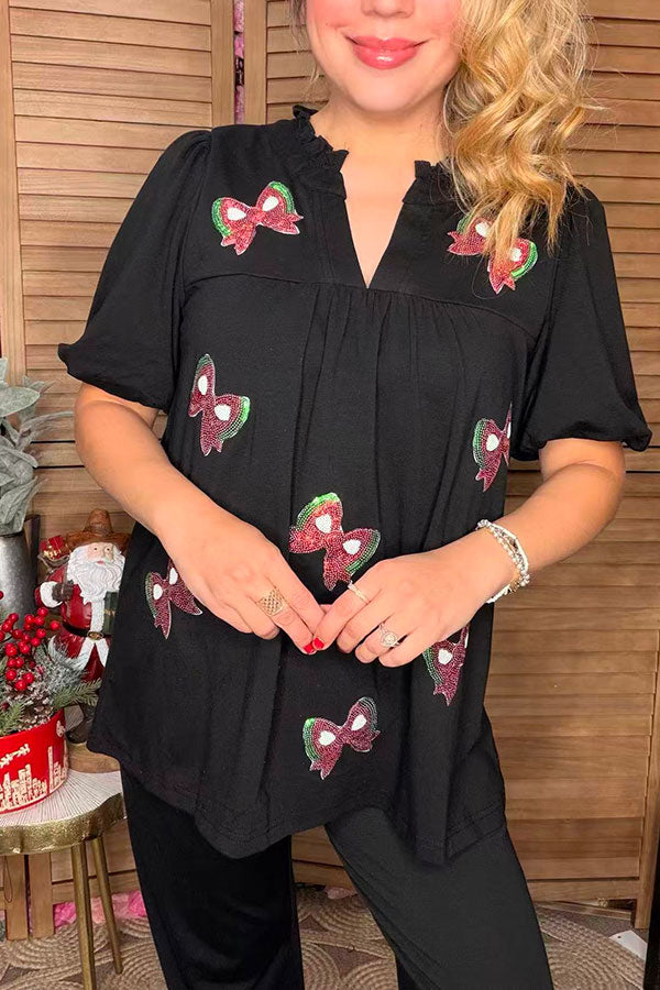 Christmas Red & Green bow patch puff short sleeve baby doll women top XCH16537
