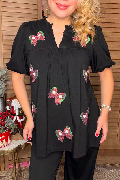 Christmas Red & Green bow patch puff short sleeve baby doll women top XCH16537