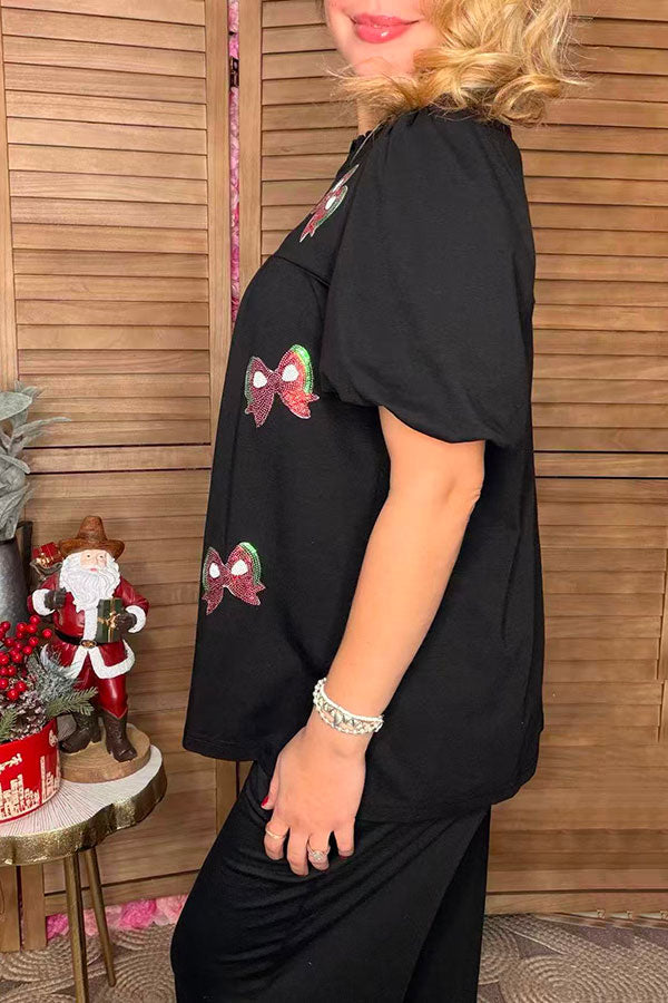 Christmas Red & Green bow patch puff short sleeve baby doll women top XCH16537