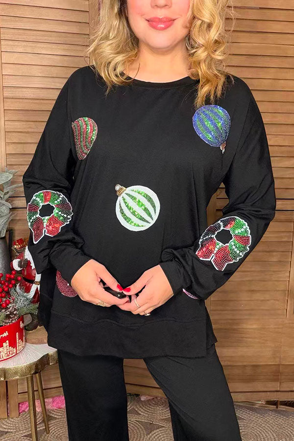 Sequin christmas element round neck long sleeve sweatshirts w/slit XCH16536