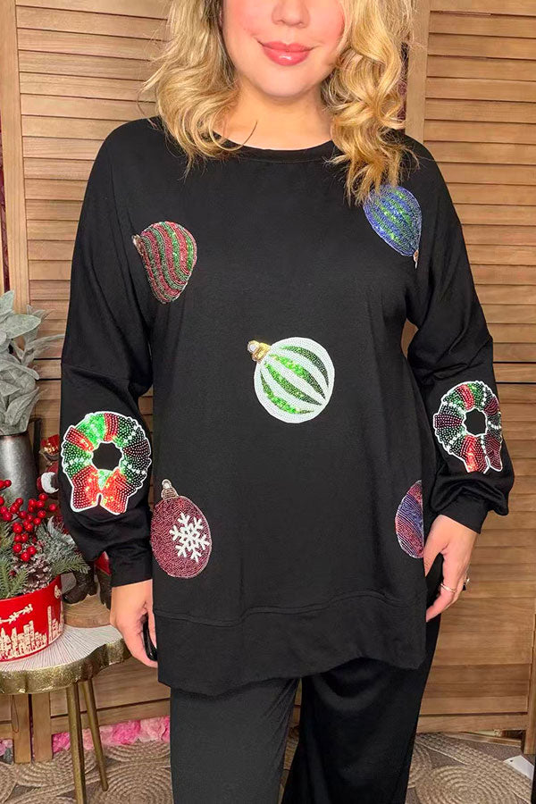 Sequin christmas element round neck long sleeve sweatshirts w/slit XCH16536