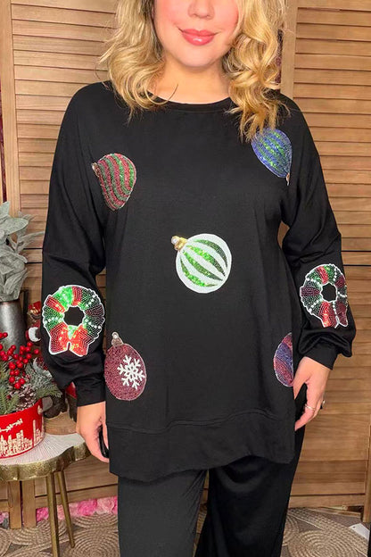 Sequin christmas element round neck long sleeve sweatshirts w/slit XCH16536