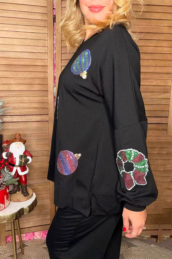 Sequin christmas element round neck long sleeve sweatshirts w/slit XCH16536