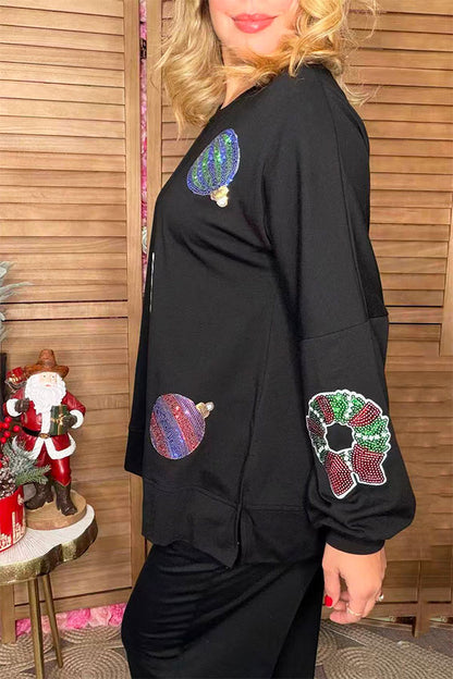 Sequin christmas element round neck long sleeve sweatshirts w/slit XCH16536