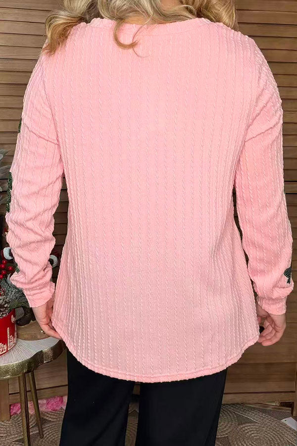 Sequin green christmas tree patch pink long sleeve women top XCH16671
