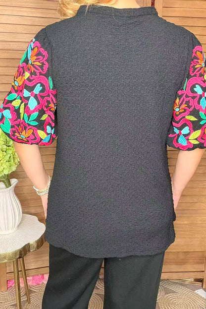 Floral embroidery lantern sleeves black knitted women blouse XCH16540